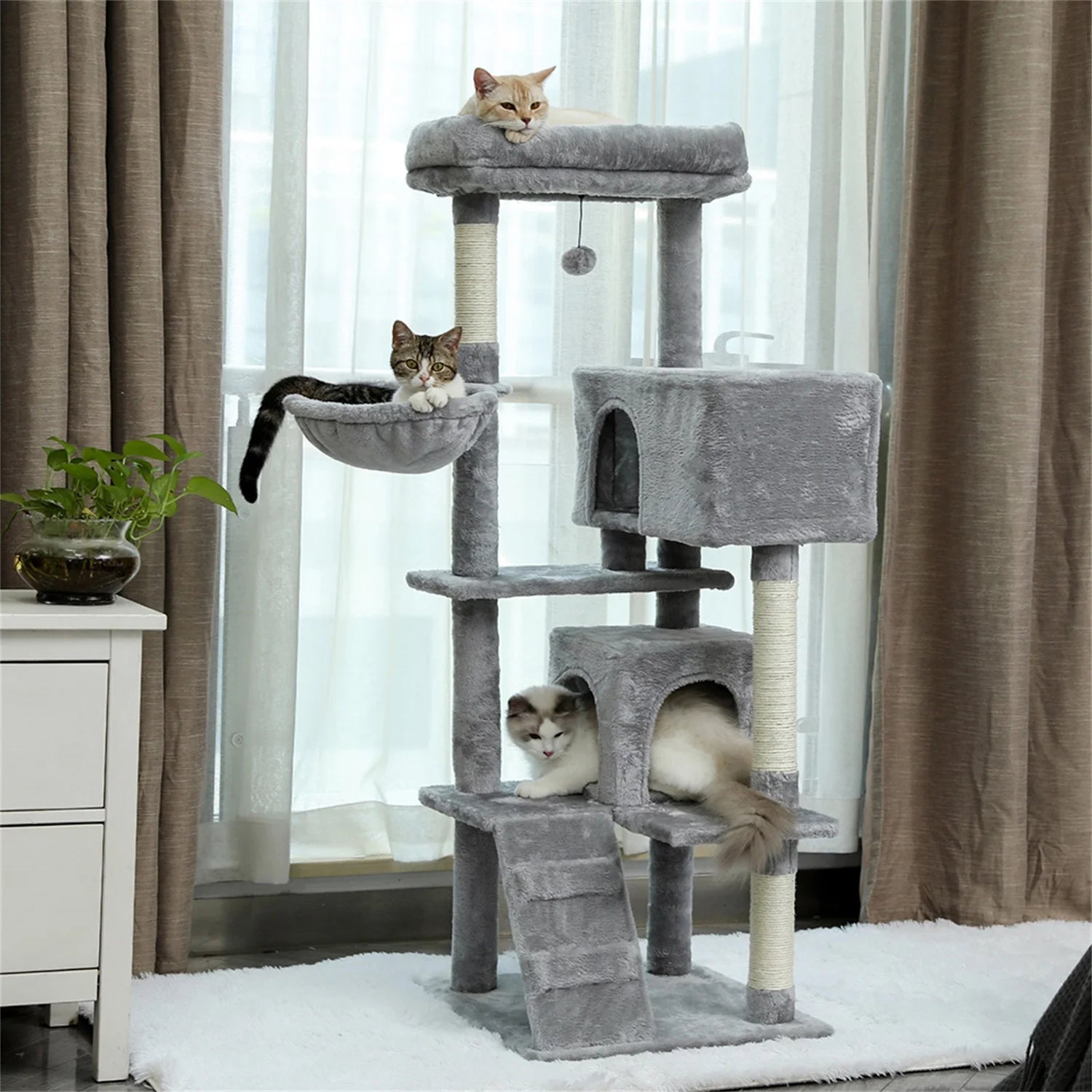 56" Cat Tree for Indoor Cats Cat Condos for Adult Cats with Padded Plush Perch and Cozy Basket Cat Tower for Large Cats , Gray